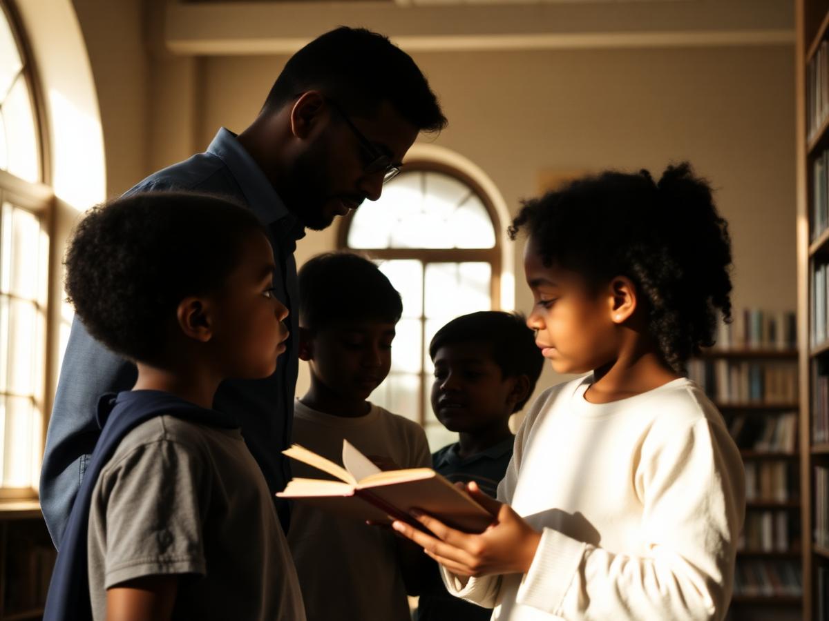 Warm-lit library interior at a mentoring organization