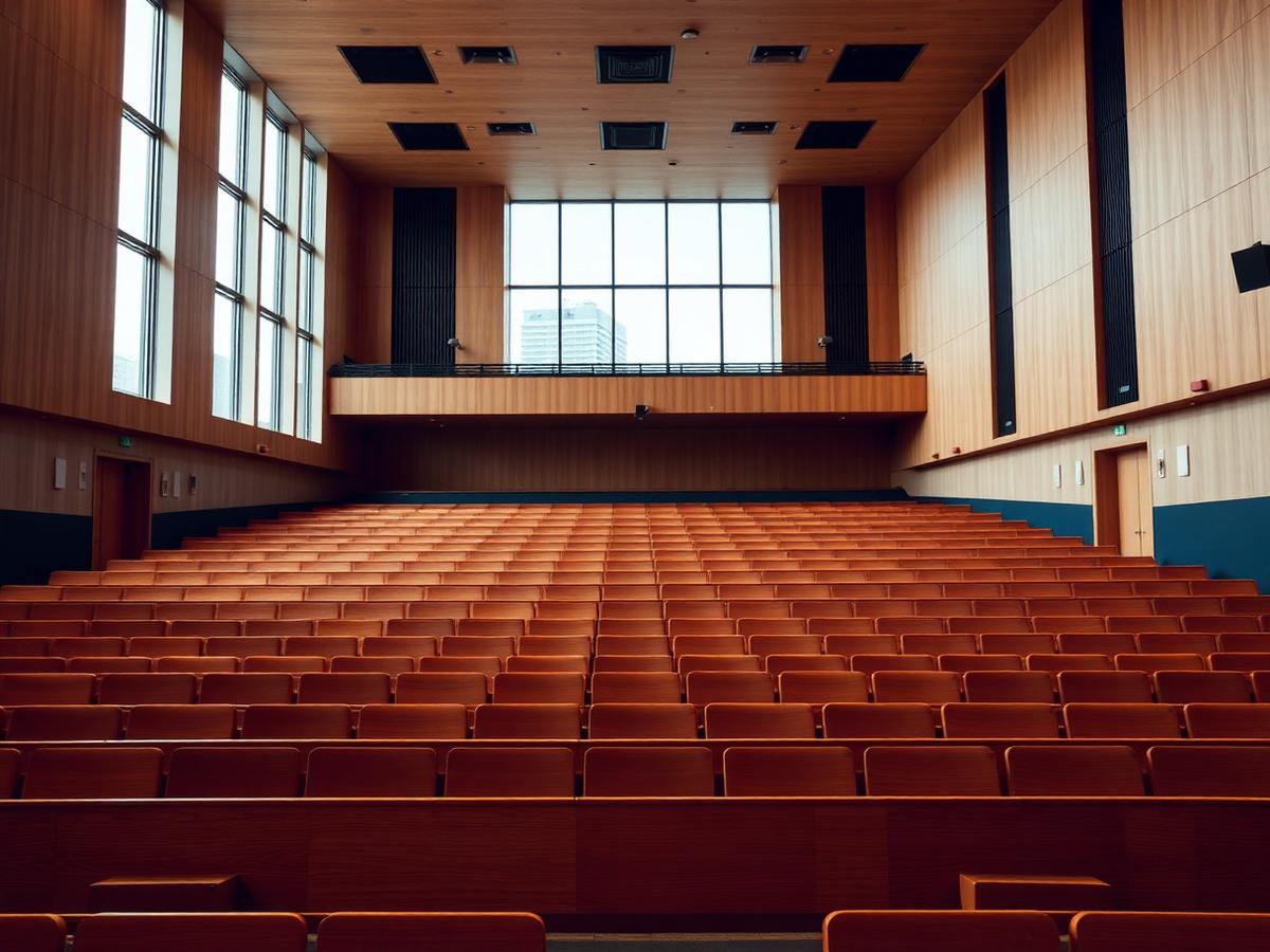 Empty modern university lecture hall with tiered seating