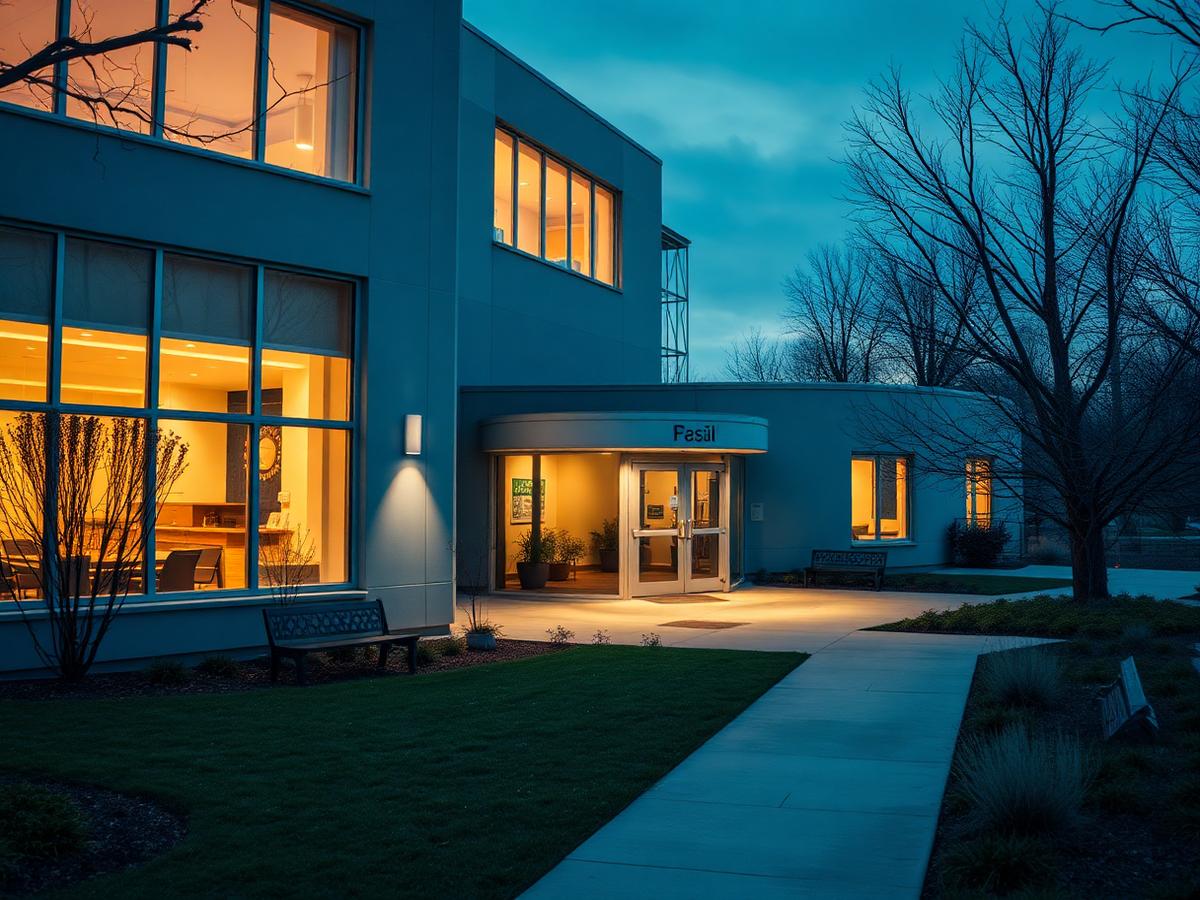 Modern community mental health center at dusk