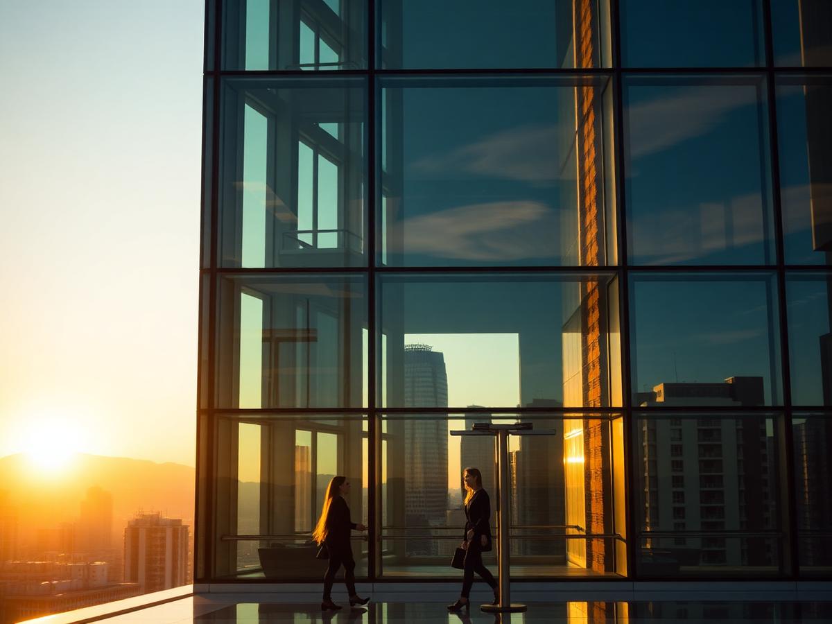 Modern glass office tower with the Vancouver skyline at golden hour
