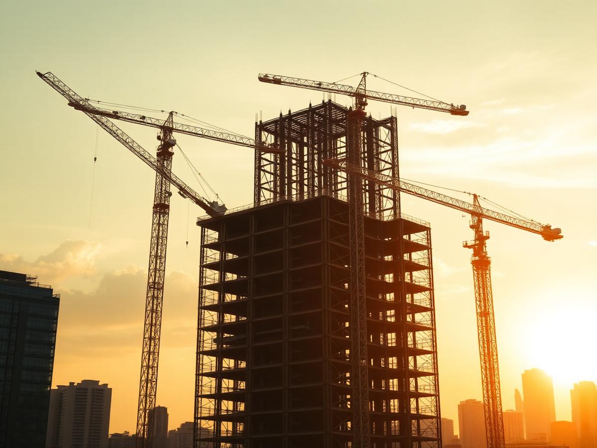 Commercial real estate development site with cranes at sunset