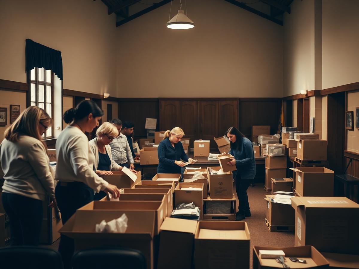 Community hall with volunteer donation boxes