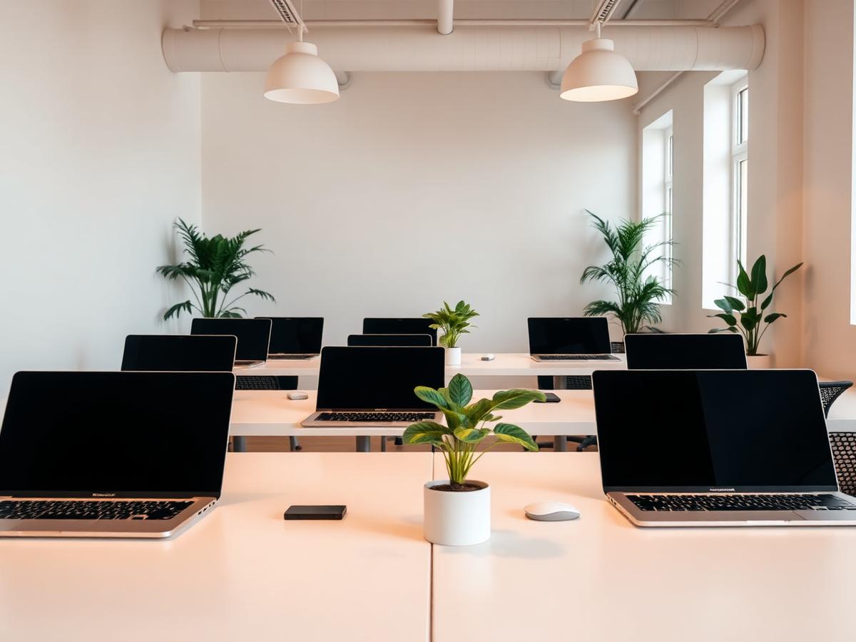 Bright modern coworking space with laptops and plants