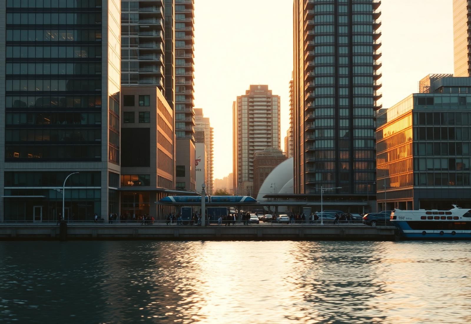 Waterfront office towers near 320 Granville Street, Vancouver, at golden hour