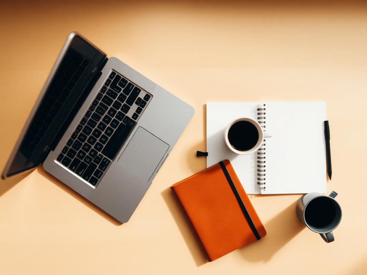 Editorial overhead workspace with laptop, notebook, and coffee