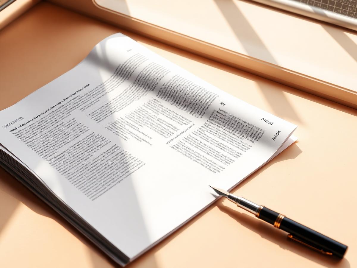 Financial documents fanned across a warm desk beside a fountain pen