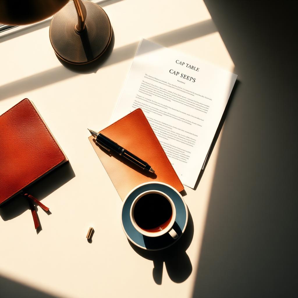 Overhead editorial view of a founder's desk with term sheets, notebook, and espresso