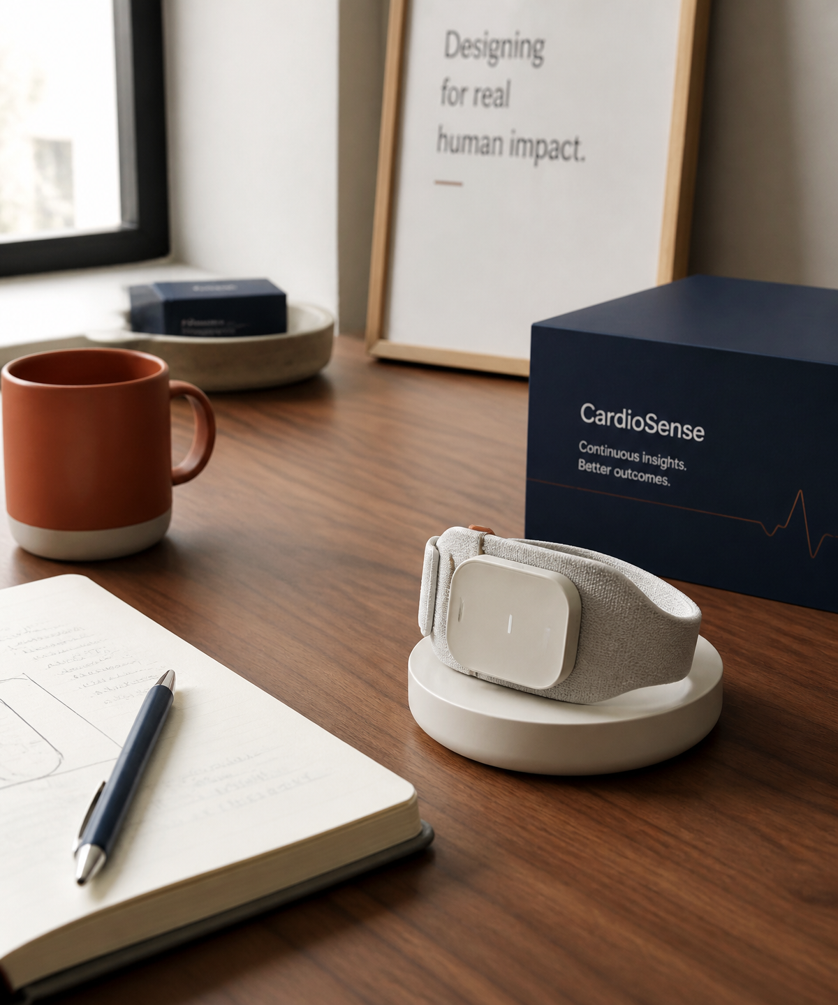 Editorial still life of a health-tech wearable prototype on a walnut desk