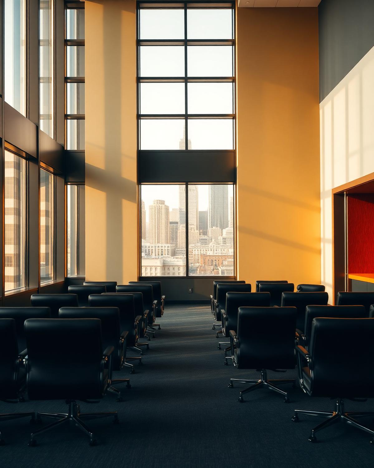 Modern boardroom with empty leather chairs facing a city skyline