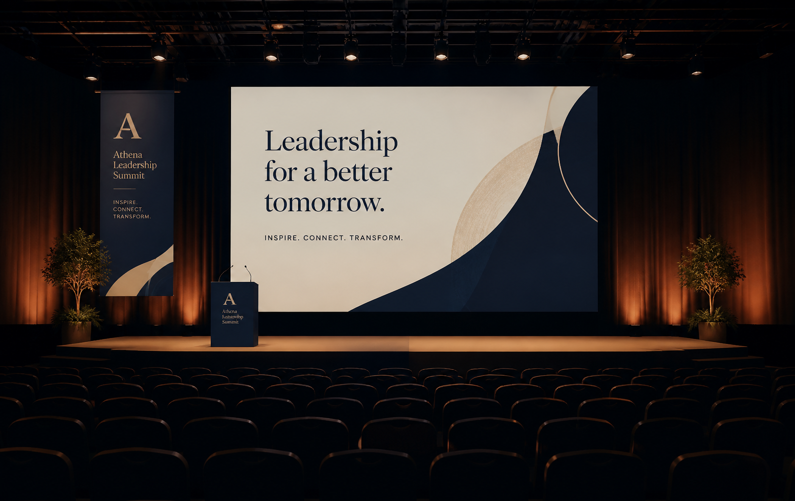 Warmly lit conference stage viewed from the back of an empty auditorium